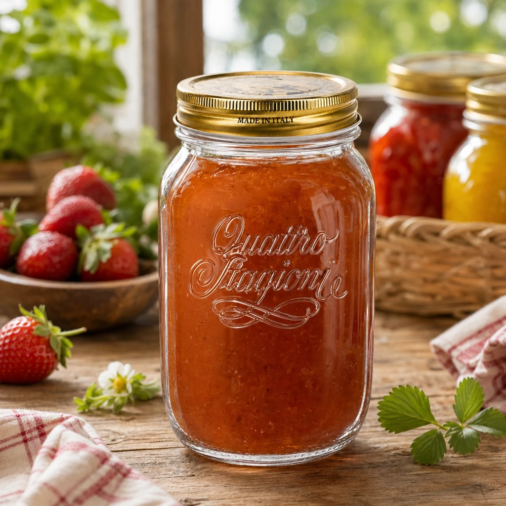 1000ml Quattro Stagioni Glas mit hausgemachter Erdbeermarmelade gefüllt auf rustikalem Holztisch italienisches Einmachgl