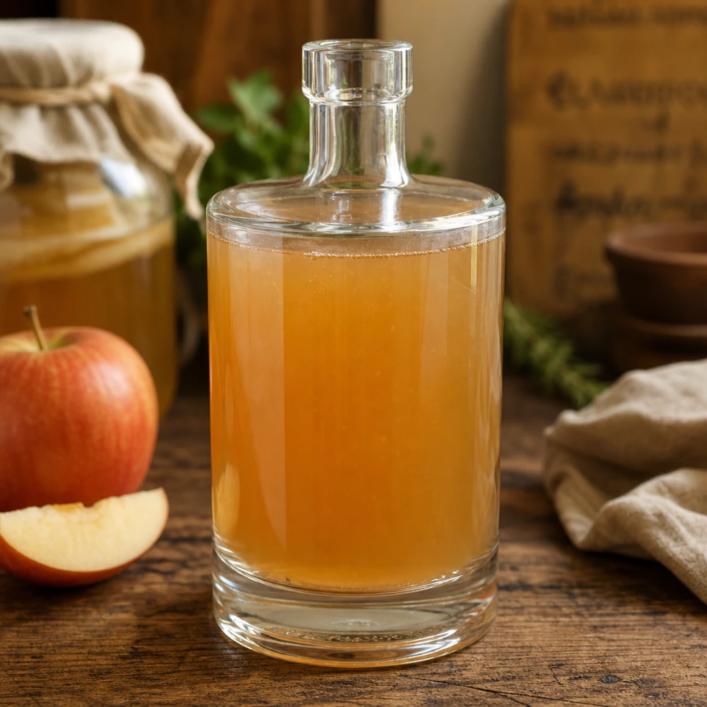 500ml Glasflasche "Galileo" ohne Verschluss UNiTWIST® 500ml Glasflasche Marie mit Apfelmost gefüllt neben frischen Äpfeln zeigt vielseitige Verwendung für hausgemachte Säfte