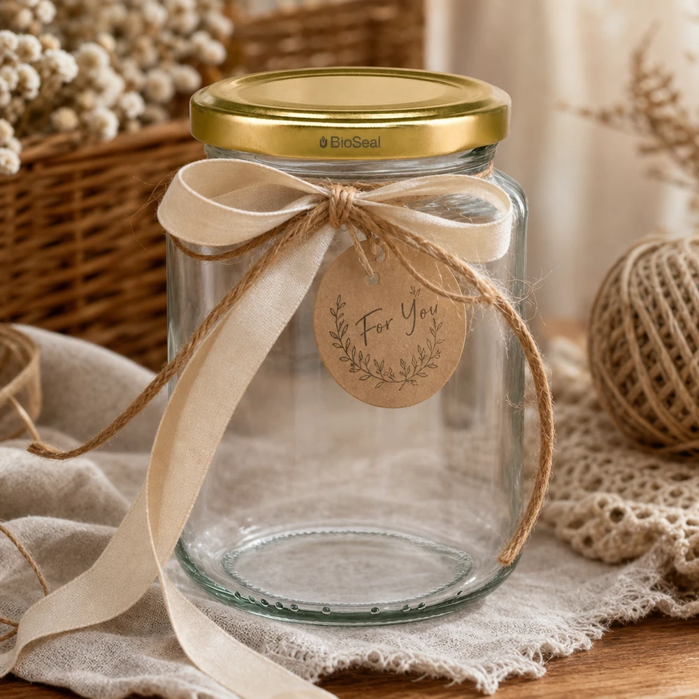UNiTWIST Runda382 mit goldenem Deckel TO66 BioSeal UNiTWIST Runda382 Geschenkverpackung mit Schleife und Anhänger, goldener TO66 BioSeal Deckel, dekoratives Einmachglas