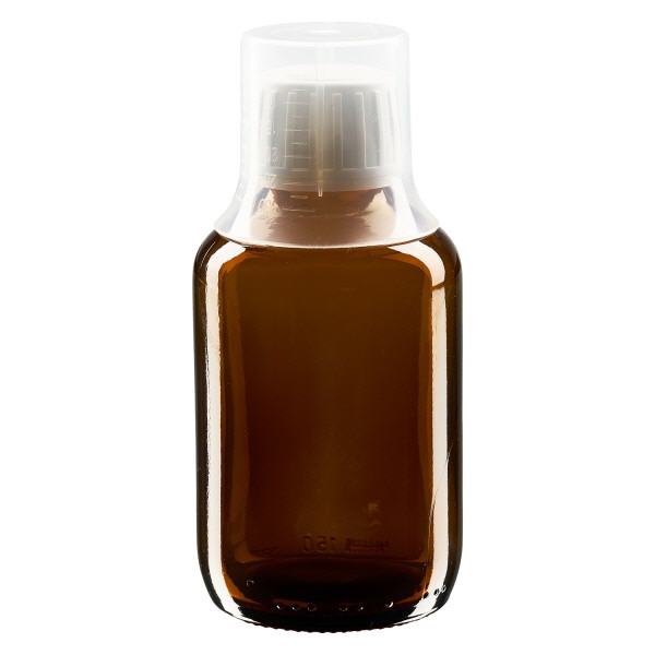 150ml Medizinflasche braun, Verschluss OV mit Dosierbecher 3