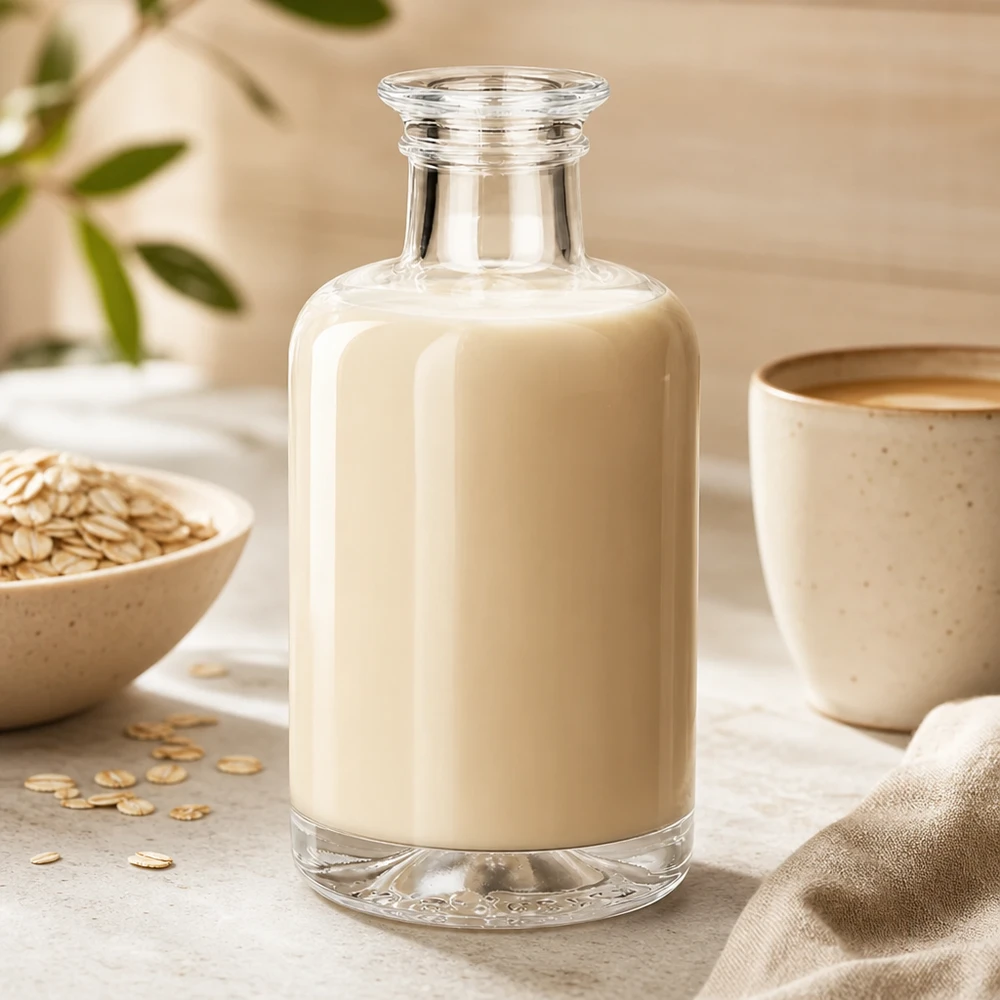 100ml Glasflasche Sofia mit Hafermilch gefüllt neben Haferflocken und Tasse auf hellem Untergrund