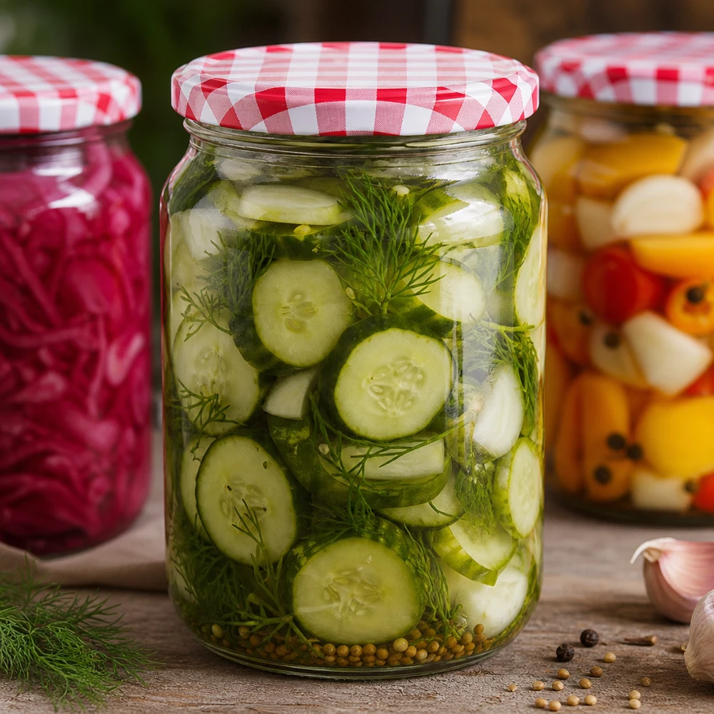 795ml Rundglas mit BasicSeal Deckel befüllt mit eingelegten Gurken und Dill, Einmachglas für Gemüse konservieren