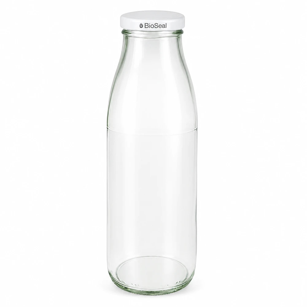 500ml Glasflasche + BioSeal Deckel weiß UNiTWIST 500ml Glasflasche mit weißem BioSeal Deckel, transparent, UN-zertifiziert, Milchflasche für Getränke und Lebensmittel
