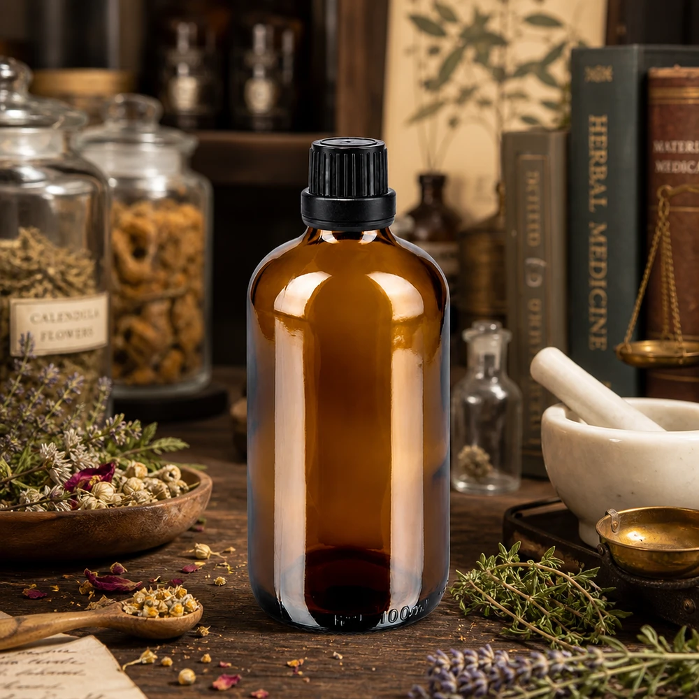 Apothekenflasche braun 100ml Schraubverschluss schwarz Dichteinlage Originalitätsverschluss Hochwertige braune Glasflasche 100ml mit schwarzem OV 11mm für Kräuterextrakte und Tinkturen