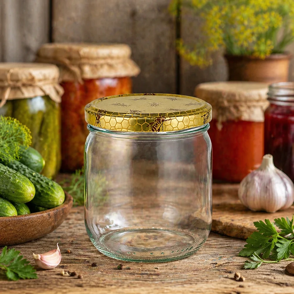 500g Honigglas mit Bienenwabe Deckel BasicSeal UNiTWIST 500g Honigglas mit Bienenwaben-Deckel in rustikaler Küchenatmosphäre mit Einmachgläsern und frischen Kräutern