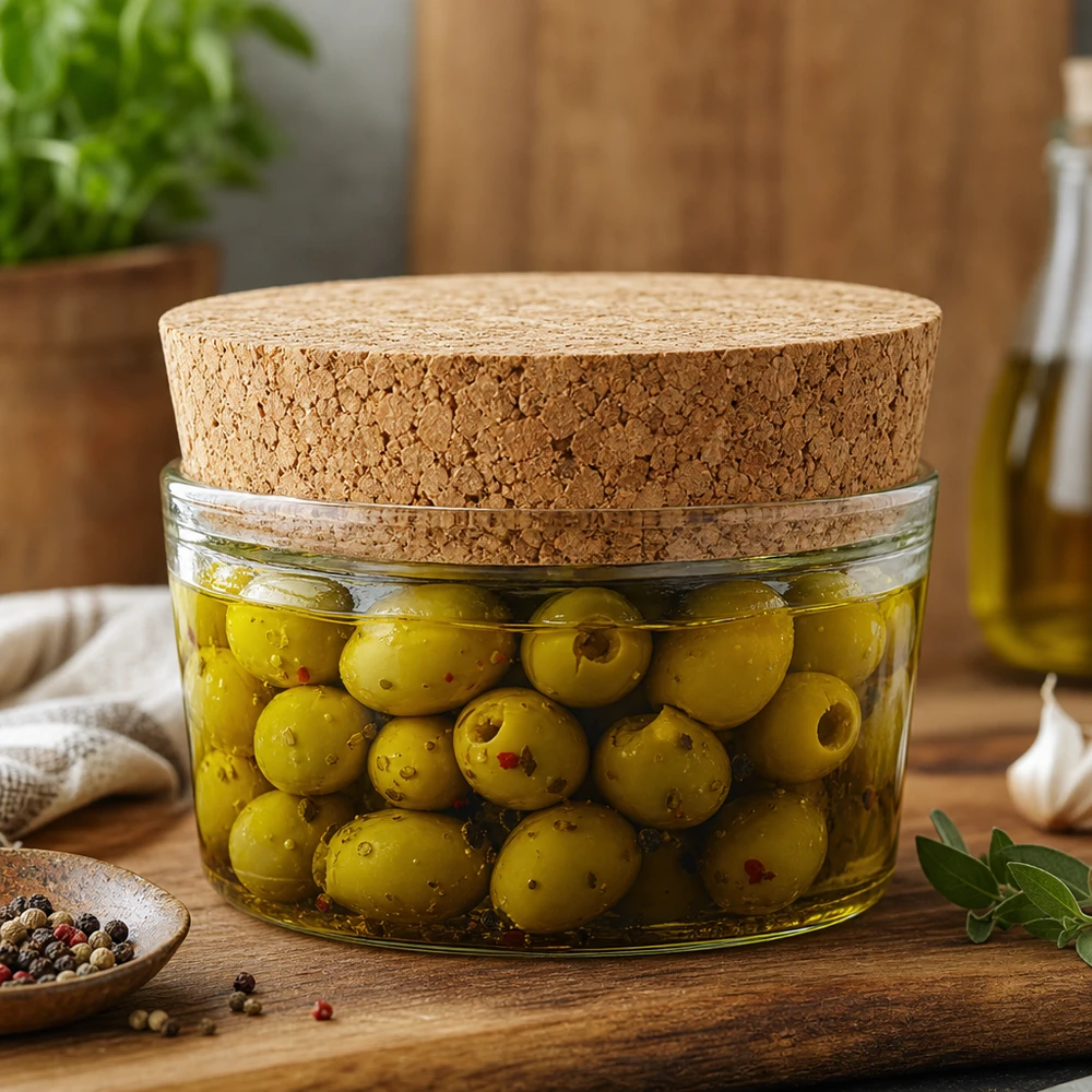 Korken für Öffnung 40mm WECK RR40 (ø38/43, H=20mm) Eingelegte Oliven in Glasdose mit WECK Korken RR40 Naturkork Verschluss mediterrane Küche luftdichte Aufbewahrung 40mm