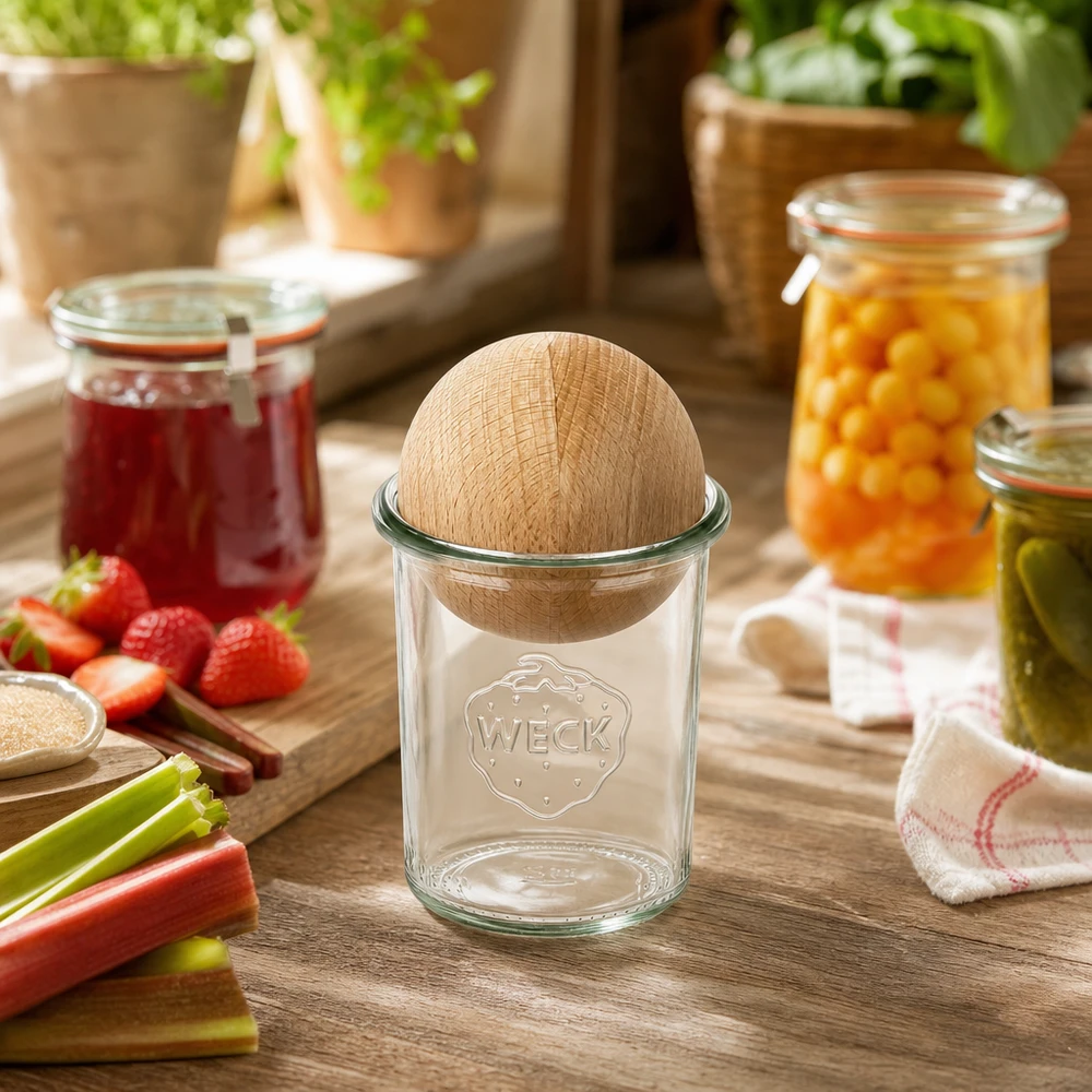 WECK Sturzglas 160ml mit Buchenkugel in rustikaler Küche neben Marmeladengläsern und frischen Zutaten dekoriert