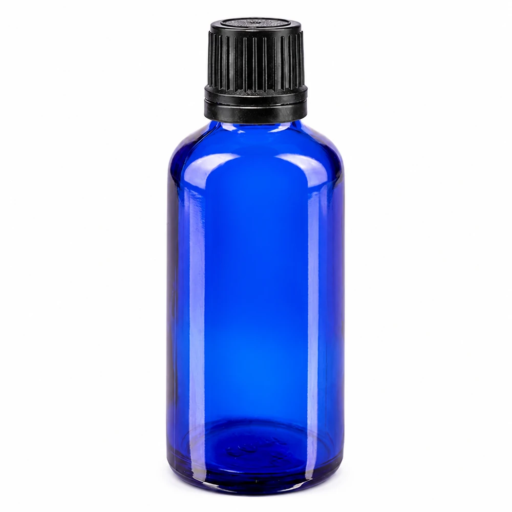 Hochwertige blaue Lichtschutzflasche 50ml mit OV-Schraubverschluss und Tropfeinsatz schwarz