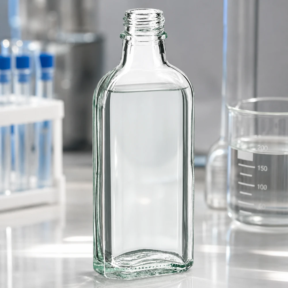 100 ml Meplatflasche klar DIN22 100 ml Laborflasche Meplat klar DIN22 mit charakteristischer Flachmann Form