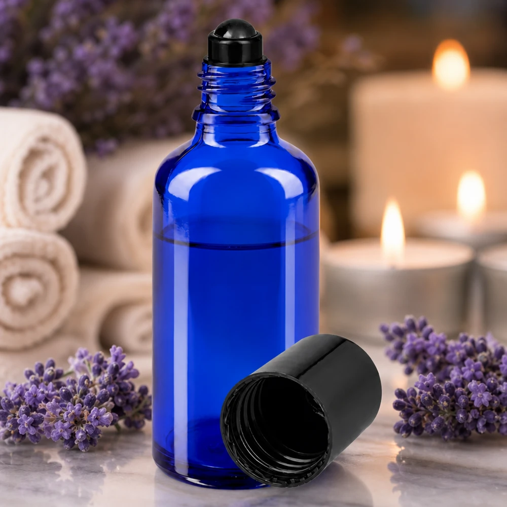 Apothekenflasche blau 50ml Roll-On Verschluss schwarz 50ml blaue Rollerflasche aus hochwertigem Glas mit schwarzem Kugelverschluss für Naturkosmetik