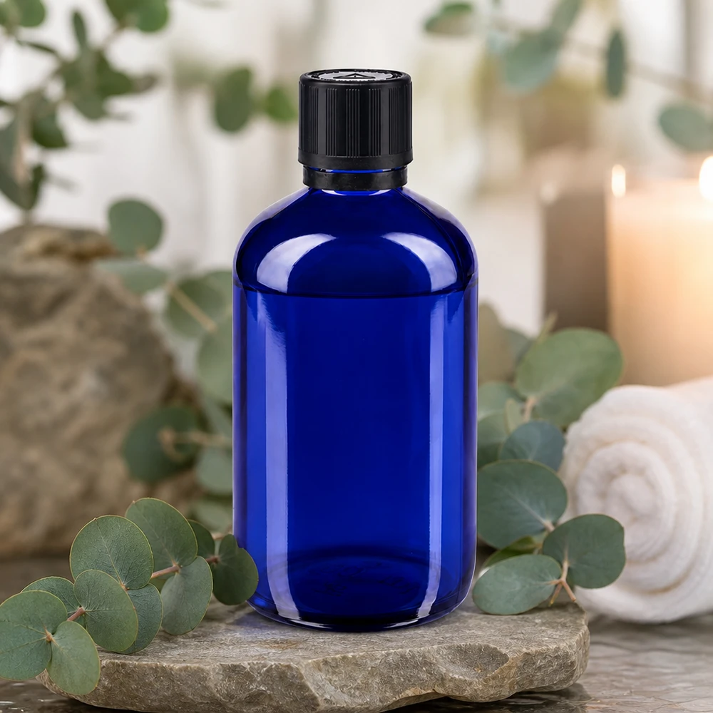 Apothekenflasche blau 100ml Tropfer Premium 1mm schwarz Kindersicherung Blindenwarnsymbol Originalitätsverschluss Professionelle kobaltblaue 100ml Glasflasche mit 1mm Tropföffnung für Naturprodukte