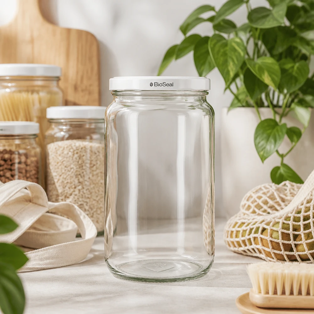 UNiTWIST Runda795 Vorratsglas mit weißem TO82 BioSeal Deckel in nachhaltiger Zero-Waste Küche mit Naturmaterialien