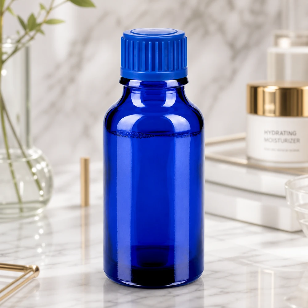 Praktische kleine Glasflasche 20ml in Kobaltblau für diskrete portable Nutzung
