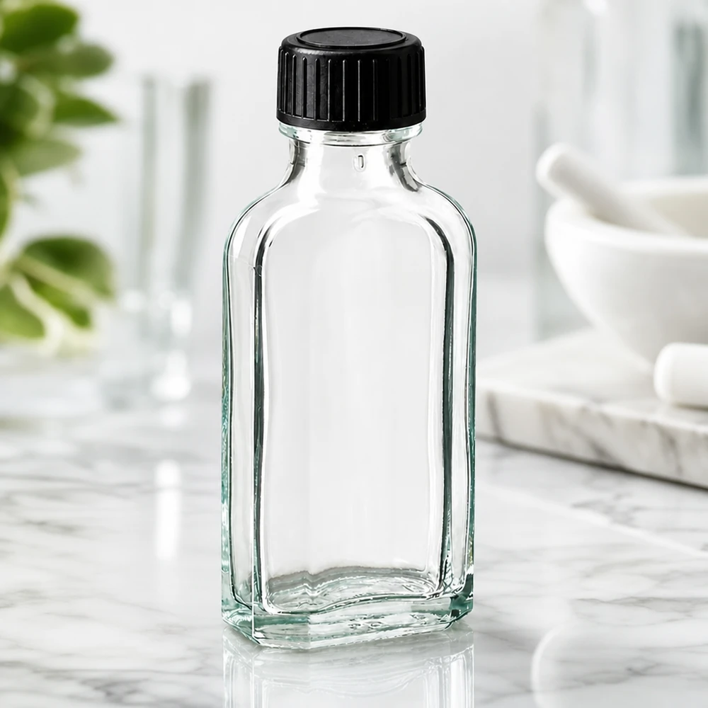 50 ml Meplat klar Schraubverschluss mit LKD-Dichtscheibe 50ml Klarglasflasche Meplat Form mit LKD-Dichtscheibe fur pharmazeutische Anwendungen
