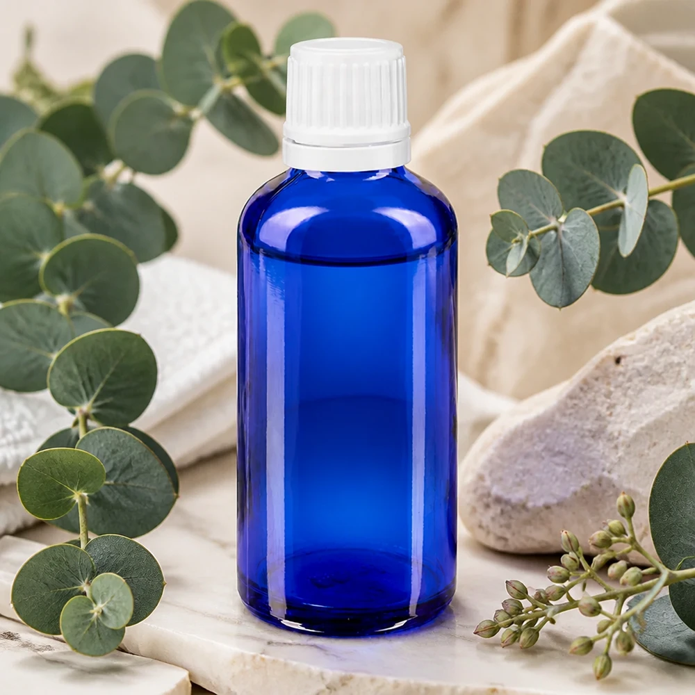 Apothekenflasche blau 50ml Schraubverschluss weiß Originalitätsverschluss Zylindrische blaue Apothekerflasche 50ml weißer Verschluss neben Natursteinen und Kräutern