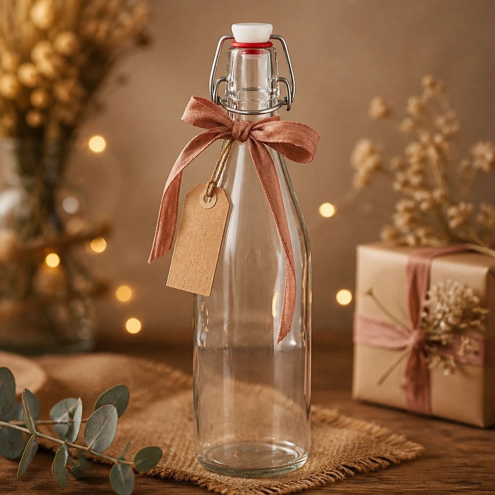 500ml Glasflasche und Bügelverschluss PVC UNiTWIST 500ml Glasflasche Bügelverschluss weihnachtliche Dekoration Geschenkverpackung Schleife Tag goldene Lichter