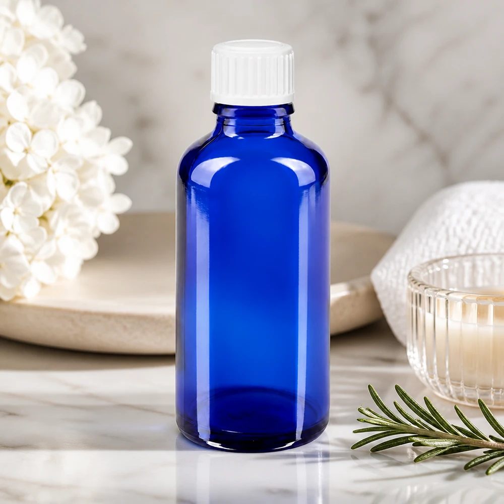 50ml kobaltblaue Medizinflasche Apothekerglas Standard mit weißem Kindersicherheitsverschluss
