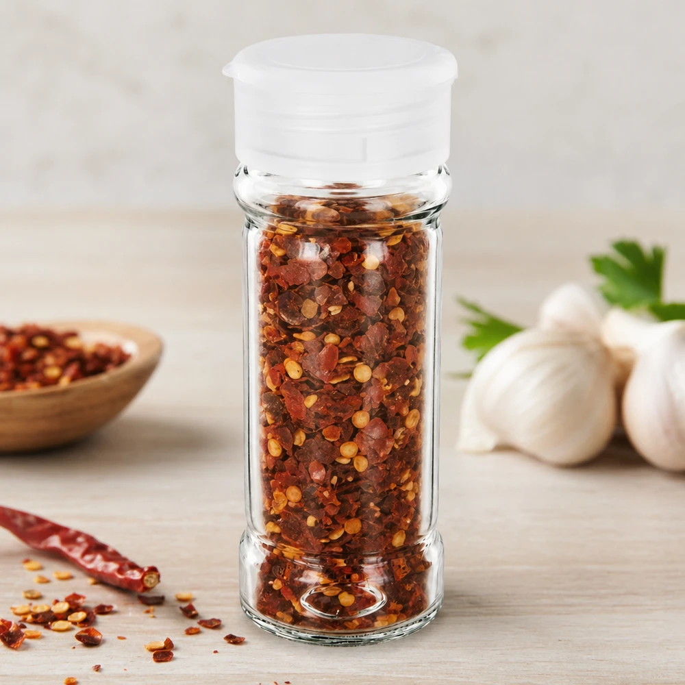 Salz-/Gewürzglas 100ml mit Streuer weiss Transparentes Glasgewürzbehälter 100ml mit weißem Streuerdeckel auf hellem Holzuntergrund