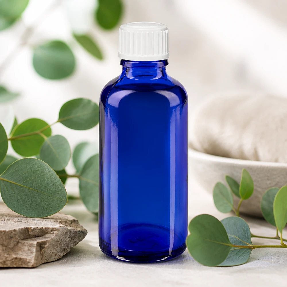 Blaue 50ml ApoGlas Flasche mit weißem Tropfaufsatz für Naturheilkunde und Aromatherapie