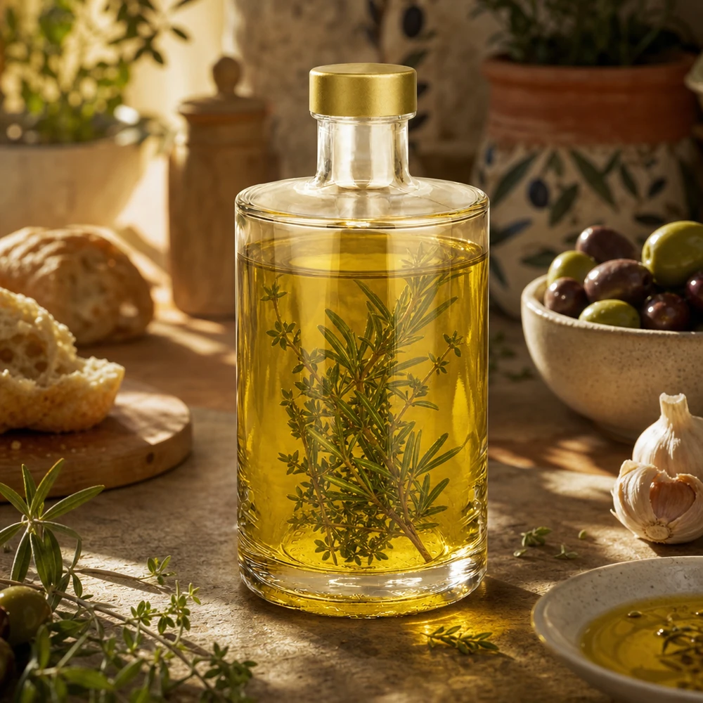 375ml Glasflasche "Sam" + Schraubverschluss gold UNiTWIST 375ml Glasflasche Sam gefüllt mit Kräuteröl Rosmarin Thymian goldener UNiTWIST Verschluss mediterrane Küche Dekoration