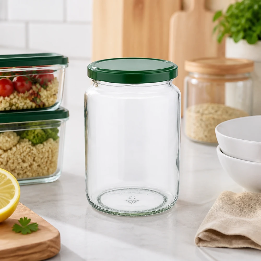 795ml Rundglas + BasicSeal Deckel grün UNiTWIST 795ml Rundglas UNiTWIST leer mit grünem BasicSeal Deckel in moderner Küche neben Meal-Prep-Boxen und Vorratsgläsern