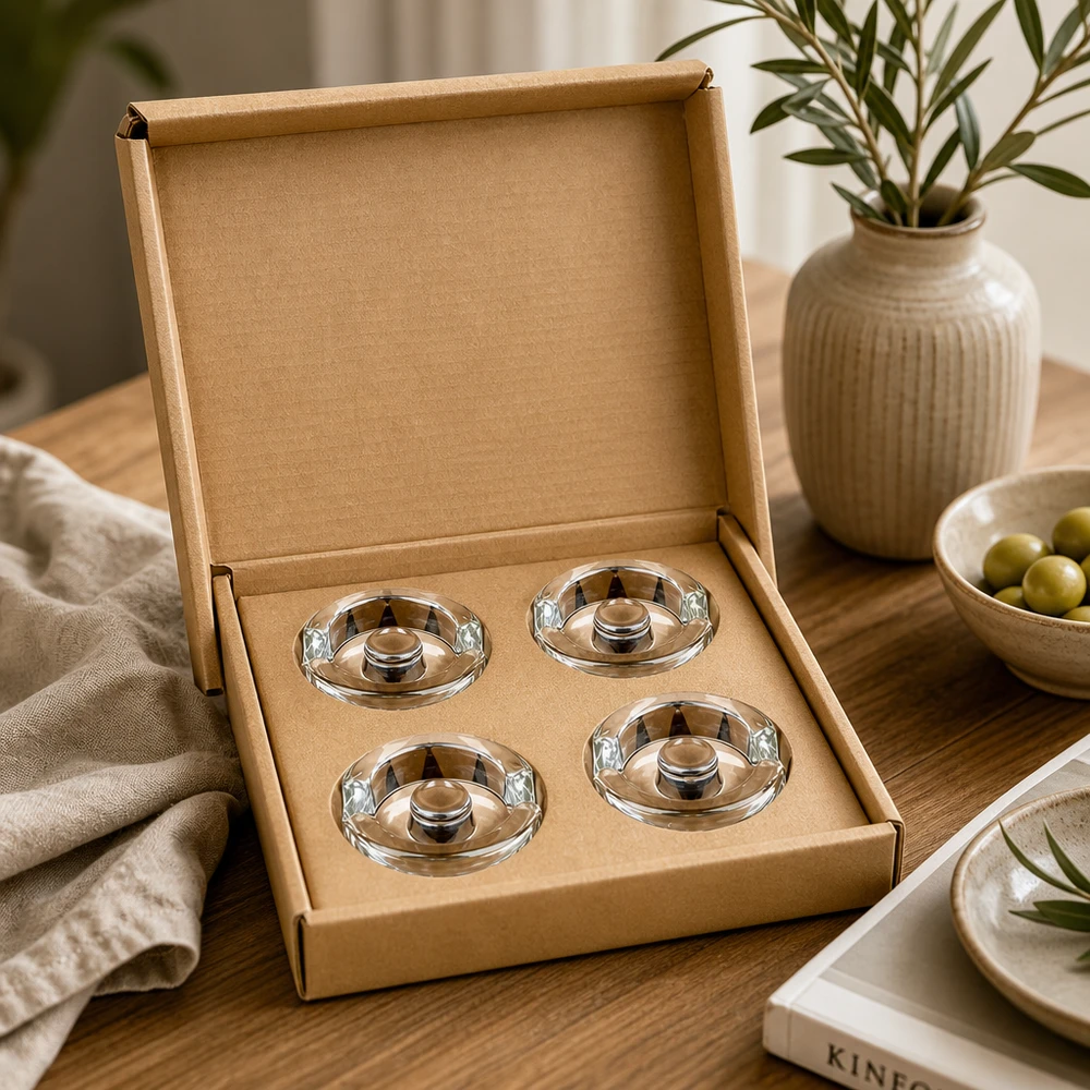 UNiTWIST Fermentier-Glasgewichte 4er Set in stilvoller Kartonbox auf Holztisch neben Olivenschale und Keramikvase
