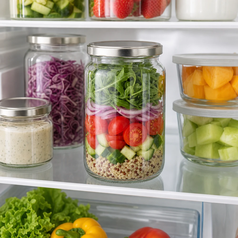 795ml Rundglas mit silbernem BasicSeal Deckel als Meal Prep Behälter im Kühlschrank mit Schichtsalat gefüllt