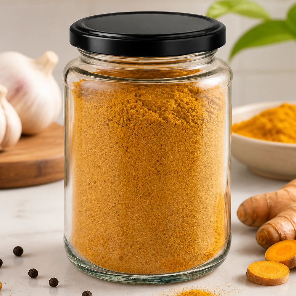 382ml Rundglas BasicSeal schwarz gefüllt mit Kurkuma Gewürzpulver zwischen frischen Kurkumawurzeln und Knoblauch