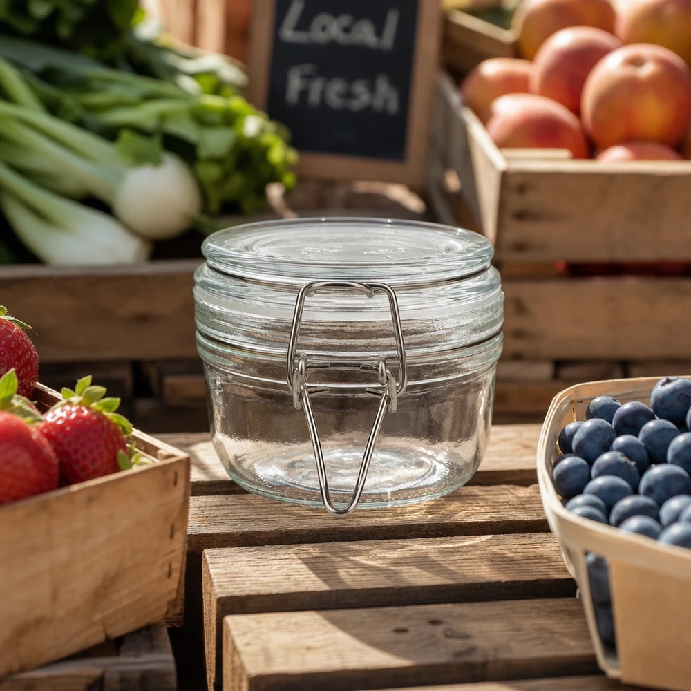 200ml Vorratsglas mit Metallbügel zwischen frischem Obst und Gemüse auf Holzkisten arrangiert