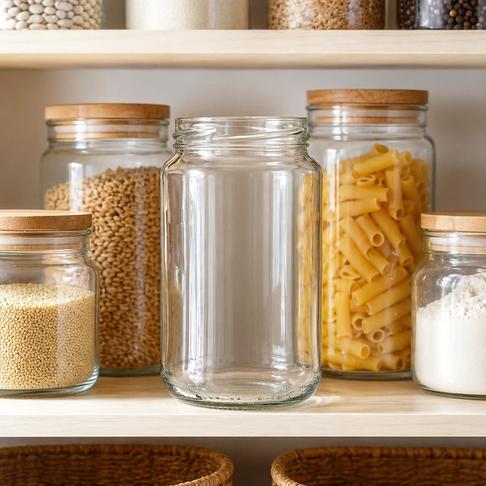 375ml Rundglas ohne Deckel (TO63) UNiTWIST UNiTWIST Runda375 Rundglas 375ml TO63 in organisierter Vorratskammer zwischen gefüllten Aufbewahrungsgläsern mit Pasta u