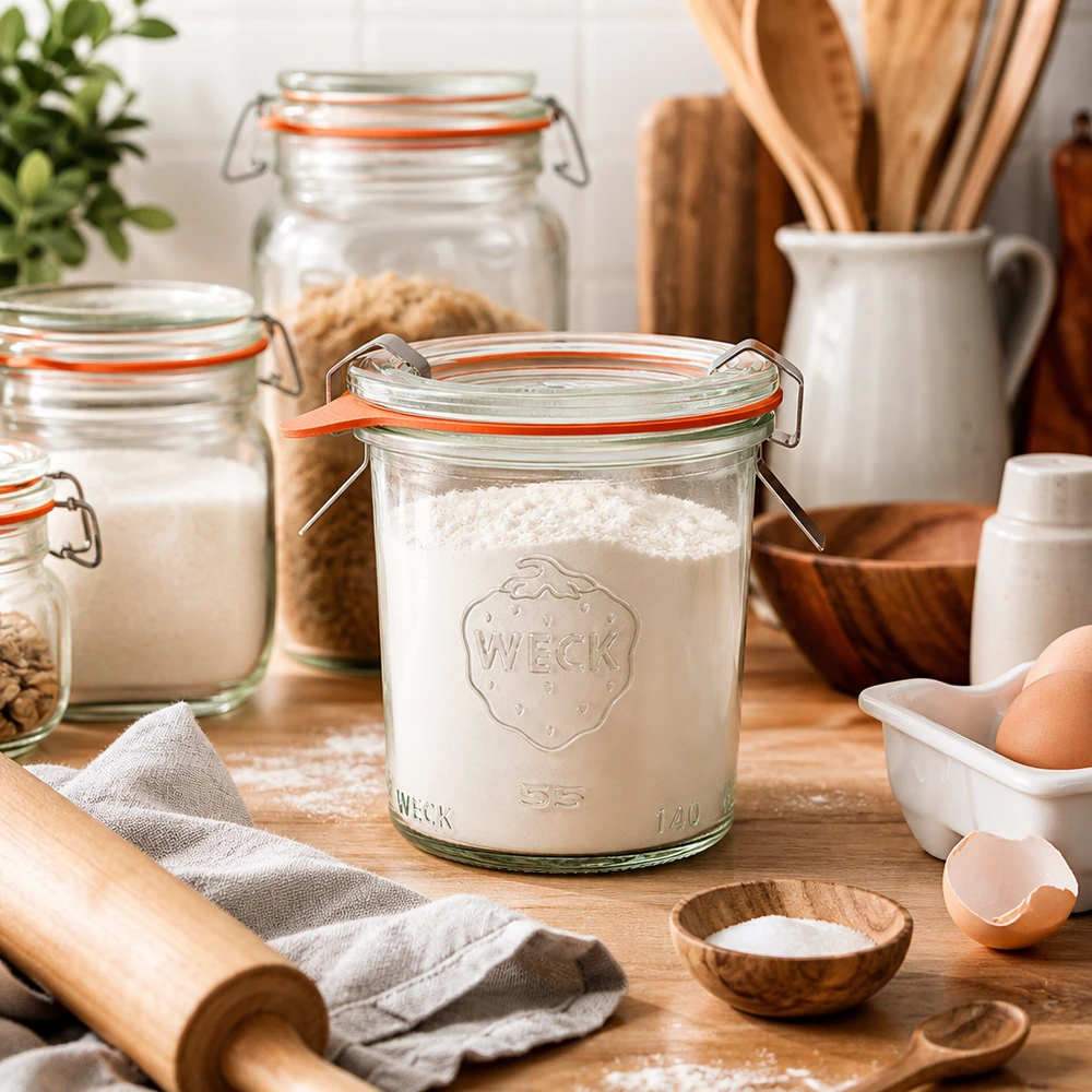 140ml Sturzglas komplett WECK RR60 WECK Sturzglas 140ml RR60 mit Mehl gefüllt in Küche mit Backzutaten Eiern Nudelholz und Holzutensilien zum Backen