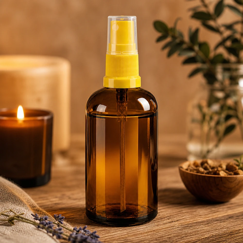 Elegante braune Sprayflasche 100ml mit matt-gelben Akzenten für stilvolle Badezimmer