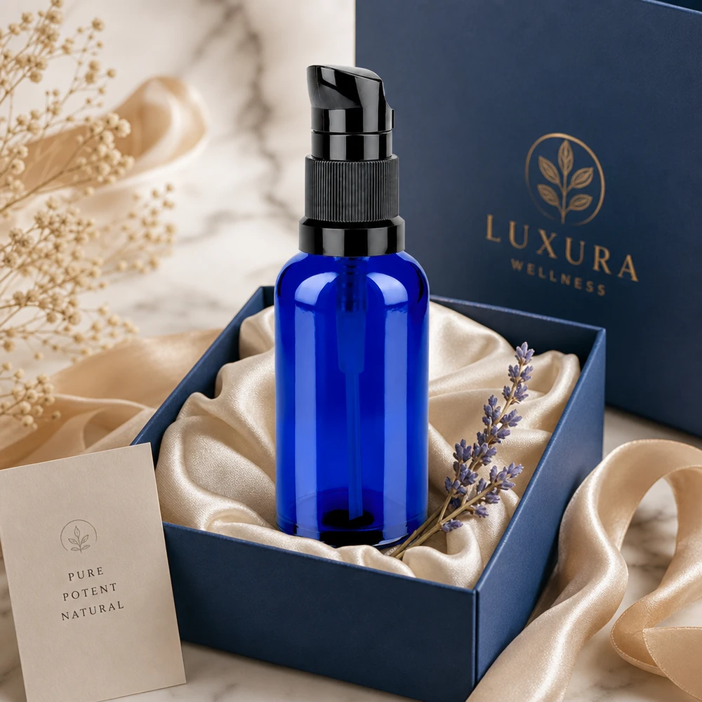 50ml Pumpflasche schwarz Standardverschluss BlueLine UT18/50 Hochglänzende 50ml Pumpflasche in tiefblau mit schwarzer Pumpe STD BlueLine UT18/50 für edle Präsentation