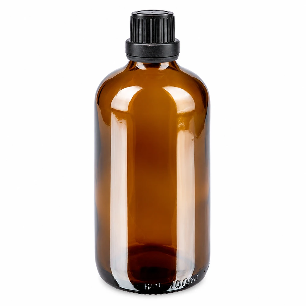 Apothekenflasche braun 100ml Tropfverschluss Premium 2mm schwarz Originalitätsverschluss 100ml Braunglasflasche mit 2mm Tropfeinsatz und schwarzem OV-Deckel für Pharmaprodukte