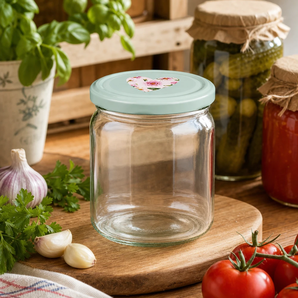 408ml Rundglas + BasicSeal Deckel Herz mint UNiTWIST 408ml Rundglas mit BasicSeal Herzdeckel mint leer auf Holzbrett, Küchenambiente mit Tomaten, Kräutern und Einmachgläsern