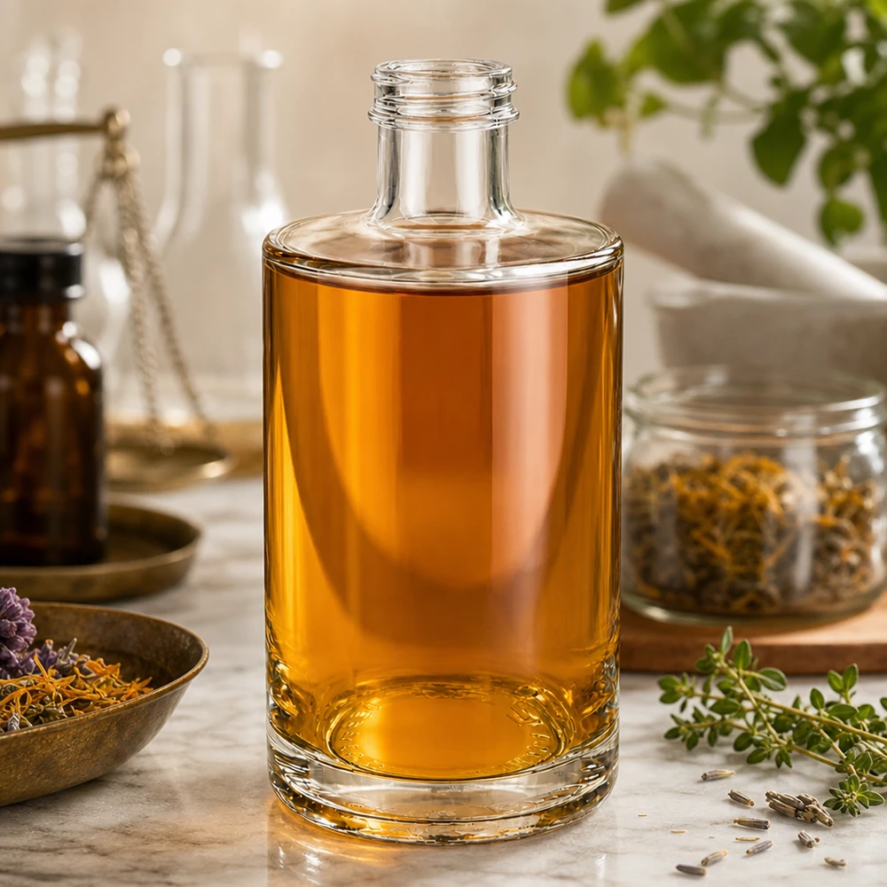 375ml Glasflasche "Sam" ohne Schraubverschluss UNiTWIST 375ml Glasflasche Sam mit bernsteinfarbener Flüssigkeit in natürlichem Ambiente mit Kräutern und Gewürzen arrangiert