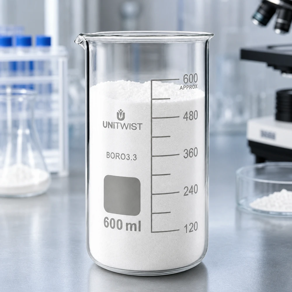 Transparentes Becherglas 600ml UNITWIST hohe Form mit weißem Feststoff bis zur 600ml Marke