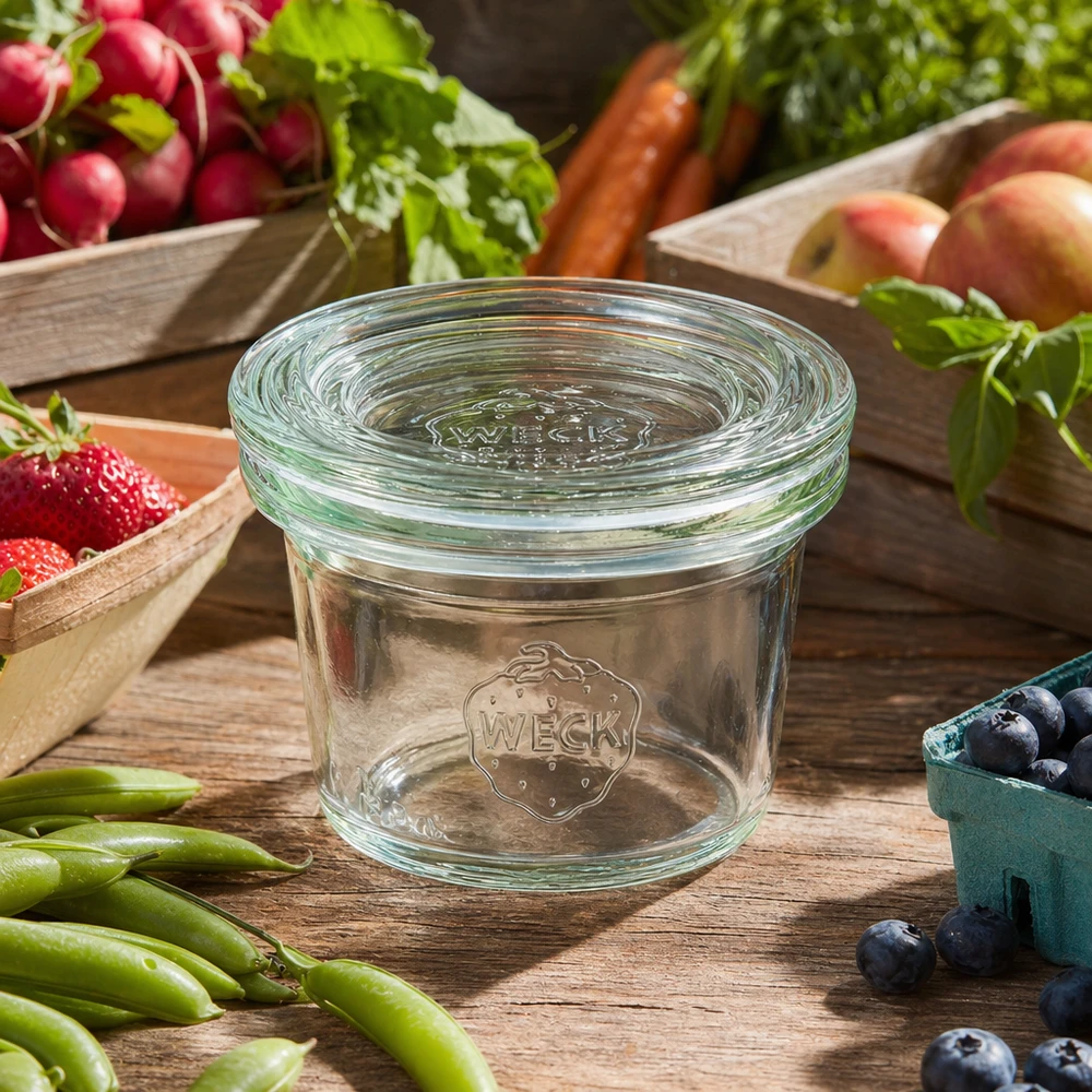 35ml Sturzglas mit Glasdeckel WECK RR40 WECK Sturzglas 35ml RR40 leer mit Glasdeckel umgeben von frischem Gemüse und Obst auf rustikalem Holztisch