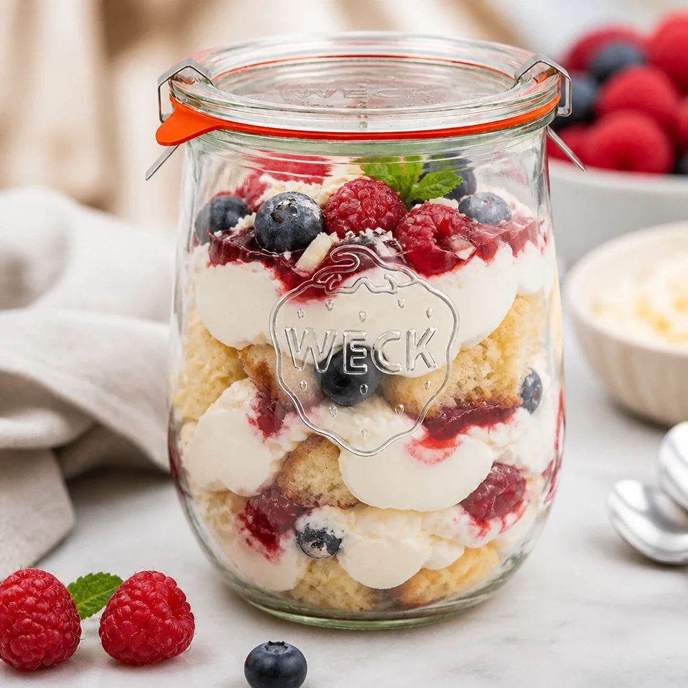 WECK Tulpenglas 1062ml RR100 als stylisches Dessertglas mit Beeren Sahne Schichtdessert für besondere Anlässe