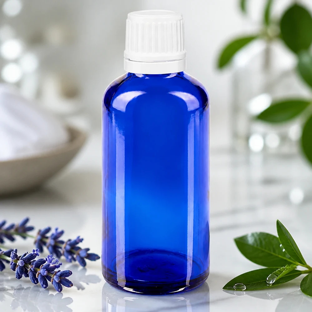 Blaue Tropfflasche 50ml Apoglas mit weißem SV OV Verschluss für Naturkosmetik geeignet