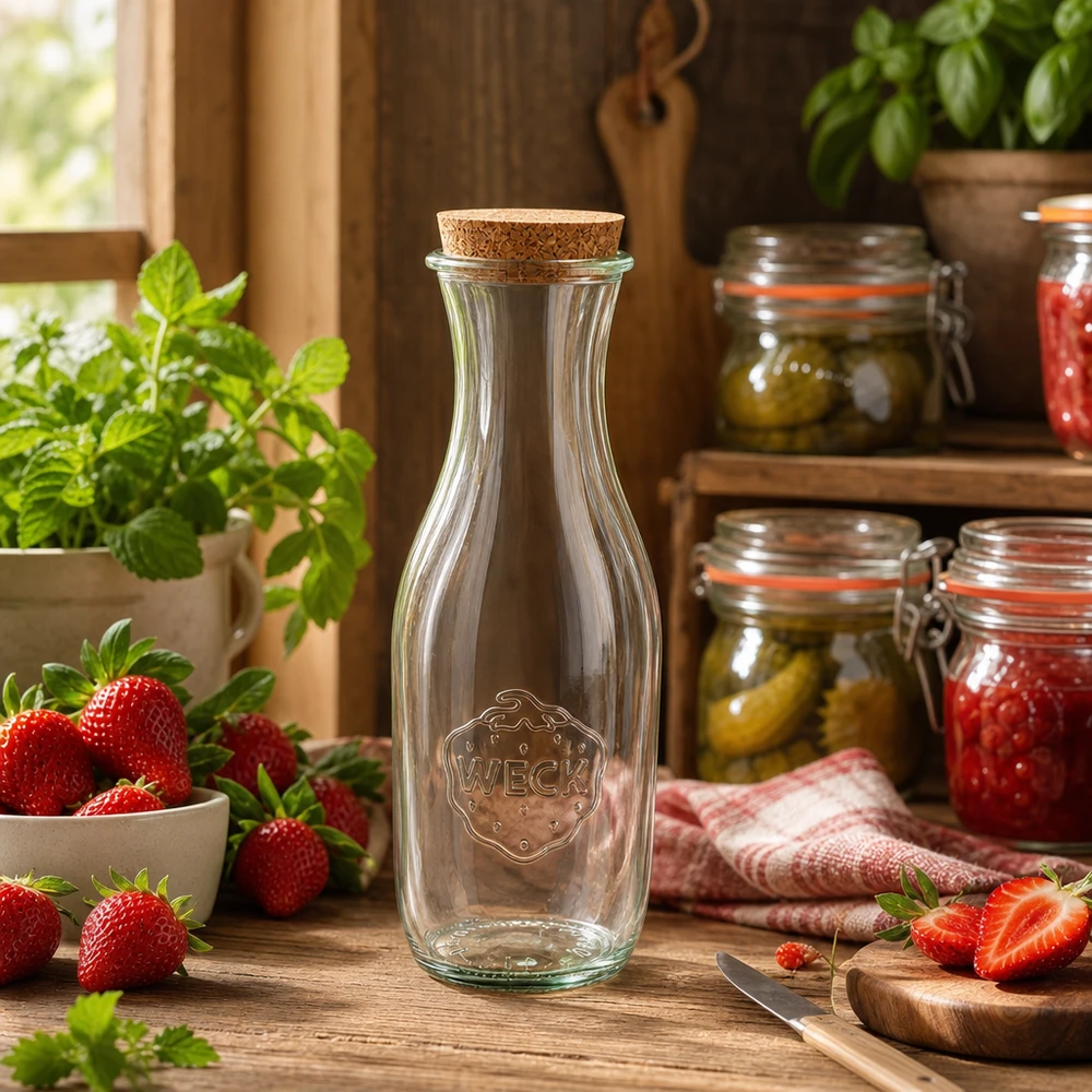 WECK Glasflasche 1062ml in rustikaler Küche mit frischen Erdbeeren und Einmachgläsern dekorativ arrangiert