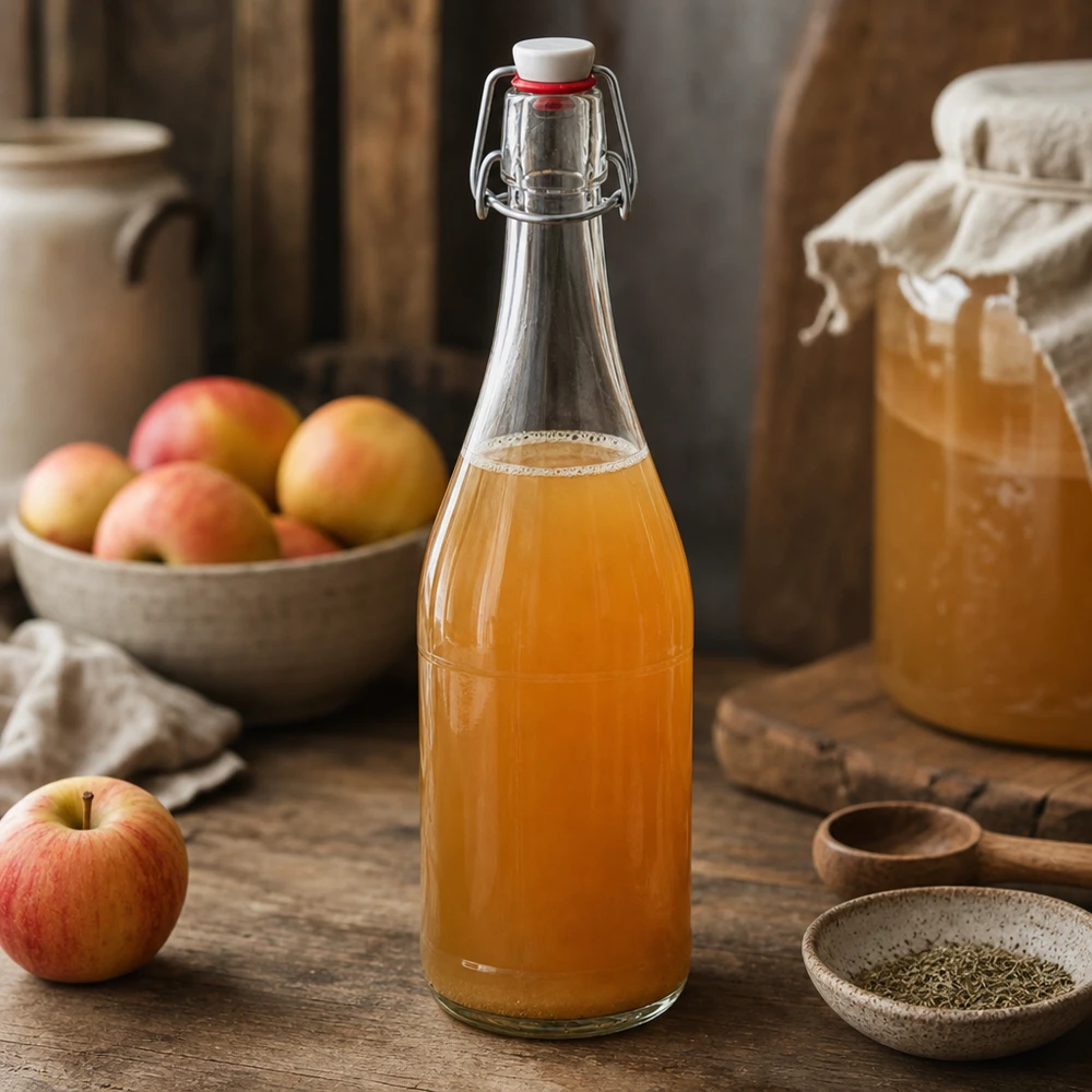 750ml Glasflasche und Bügelverschluss PVC UNiTWIST 750ml Glasflasche Bügelverschluss mit Apfelsaft befüllt rustikale Küche Obst Holztisch natürlich hausgemacht