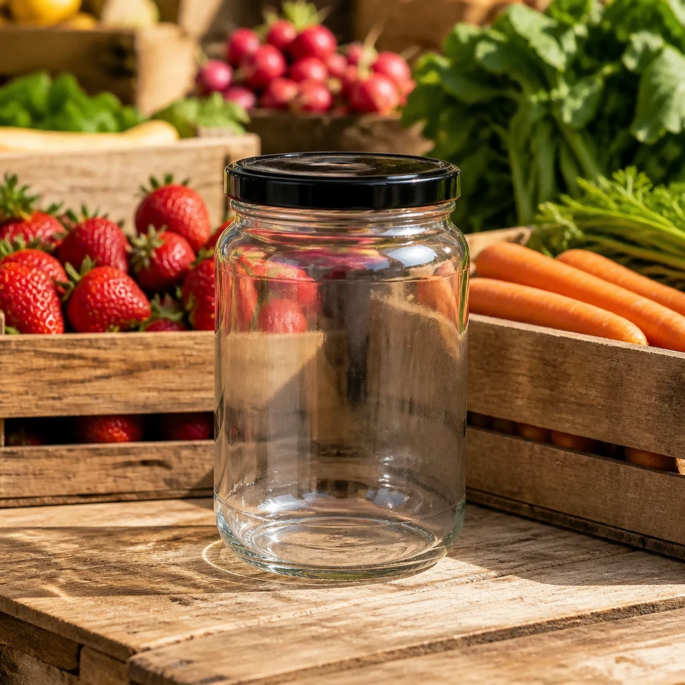 Leeres 1700ml Rundglas BasicSeal Deckel schwarz Marktstand frisches Obst Gemüse Einmachglas Konservierung