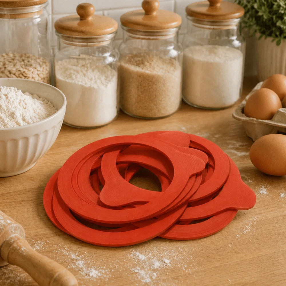Einkochring RR80 Naturgummi orange stapelbare Dichtungsringe Küche Holztisch Einmachzubehör Backutensilien