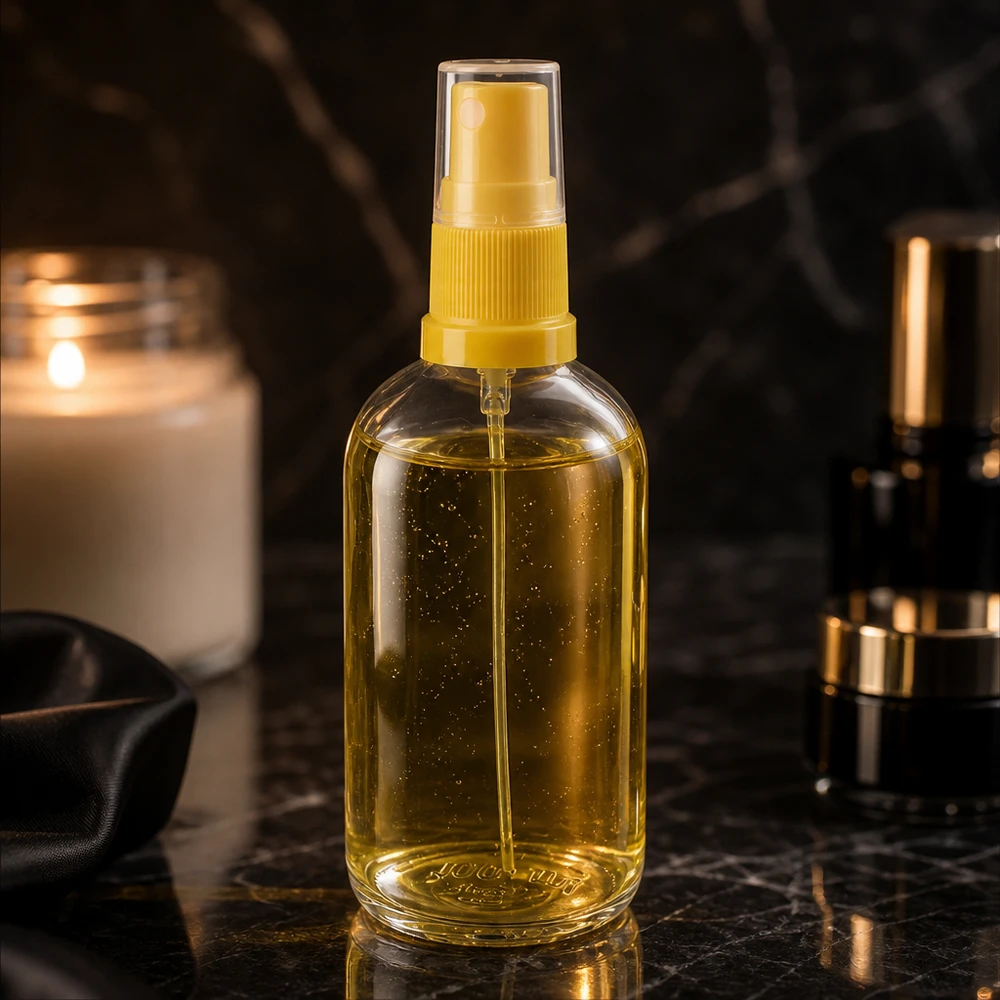 Befüllbare 100ml Sprühflasche ClearLine gelb glitzernd mit Ölinhalt Detailansicht