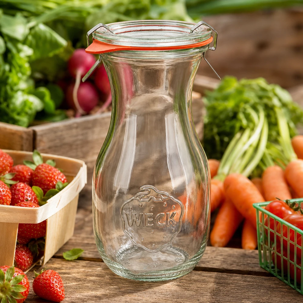 WECK Saftflasche 290ml RR60 leer mit Bügelverschluss zwischen frischem Obst und Gemüse auf rustikalem Holztisch