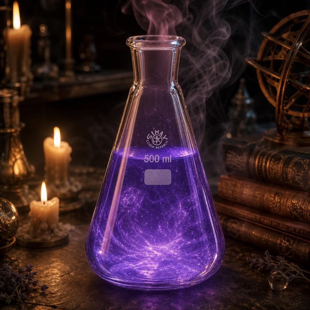 Atmosphärische Laborszene mit glühendem Erlenmeyerkolben und alchemistischer Stimmung