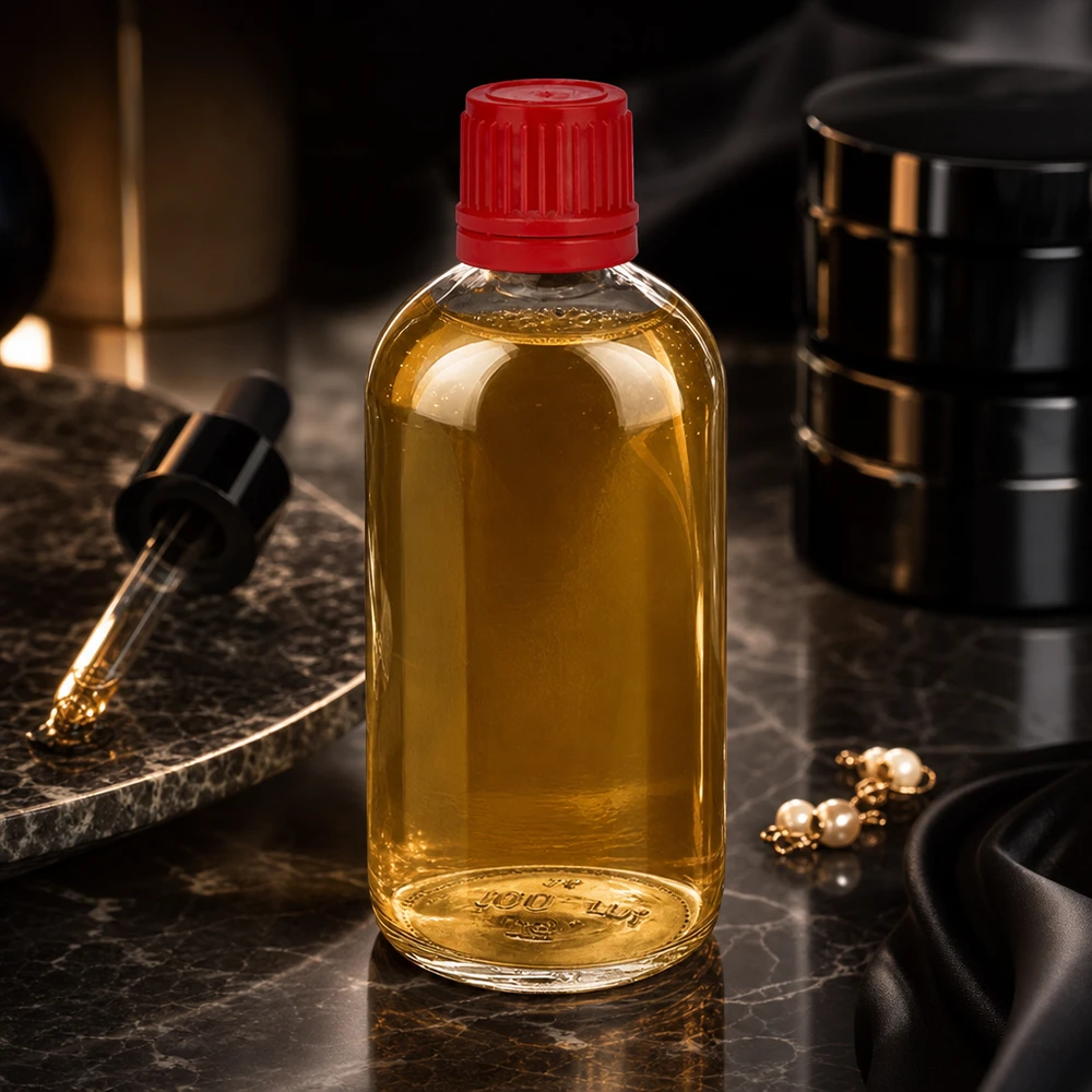 100ml Flasche 11mm Schraubverschluss rot Originalitätsverschluss ClearLine UT18/100 ClearLine 100ml Flasche mit rotem Schraubverschluss OV und goldenem Flüssigkeitsinhalt von oben