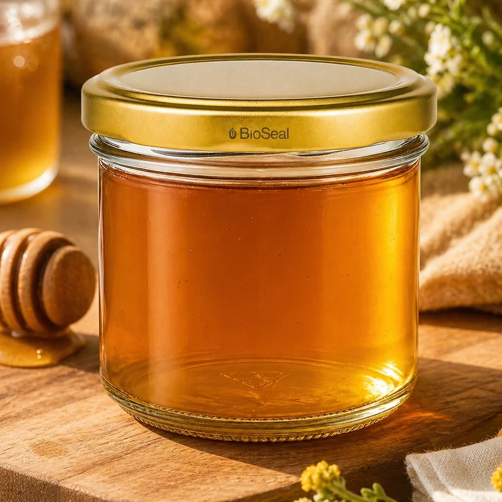 125ml Sturzglas mit BioSeal Deckel gold UNiTWIST UNiTWIST Sturzglas 125ml mit Honig befüllt - goldener TO66 BioSeal Deckel auf Holzbrett mit Honiglöffel