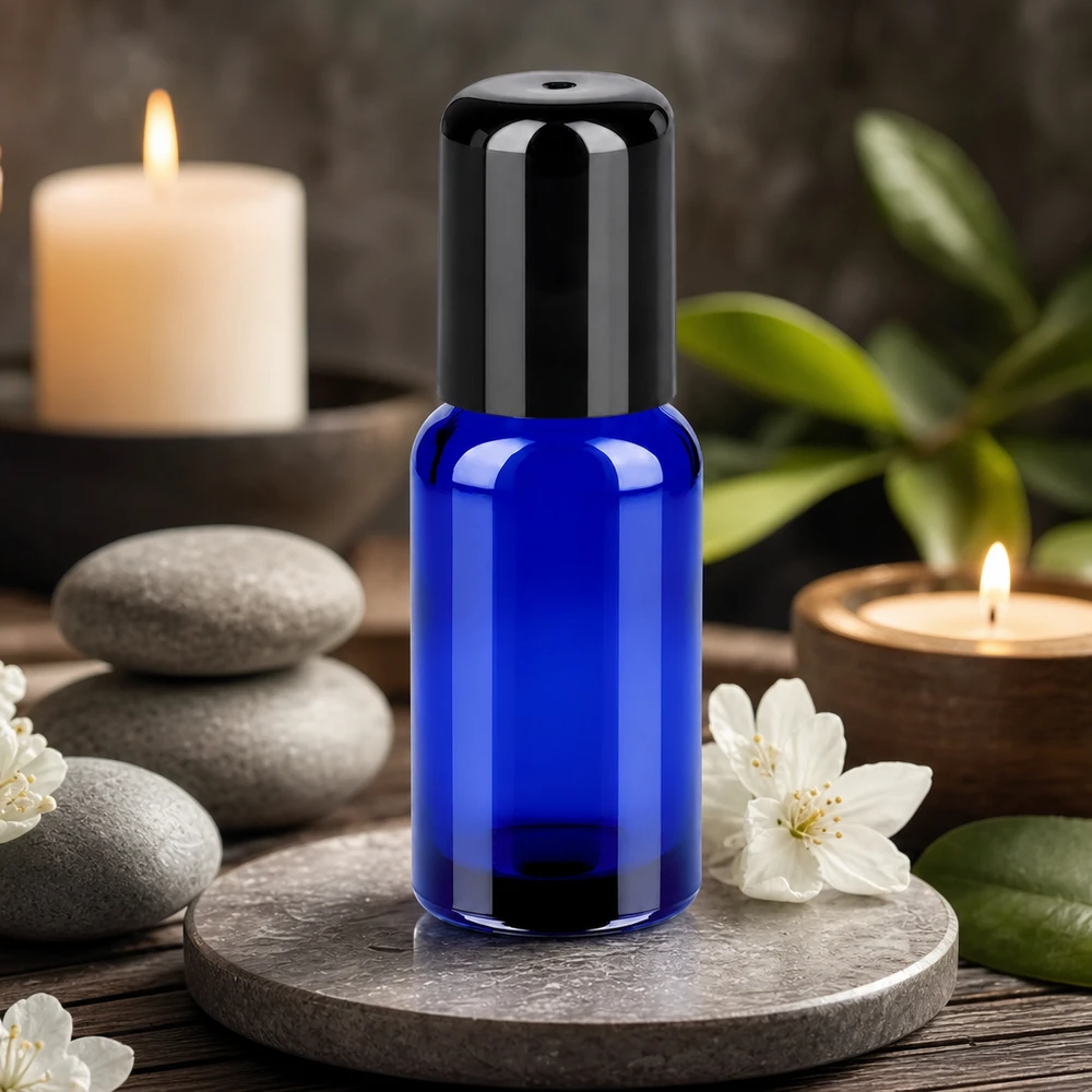Elegante Roll-On Flasche 20ml in nachtblau mit schwarzer Rollerball-Kappe STD BlueLine Qualität